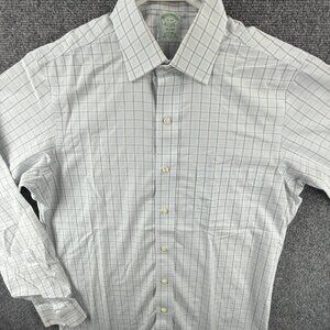 Brooks Brothers 15 34 Non-Iron Milano Check Cotton Blue Shirt Mens Pocket Office
